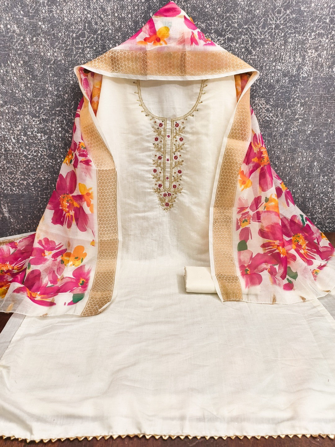 Stunning Cream Moti & Beads Hand Embellished With Sequins Roman Art Silk Dress Material - Image 2