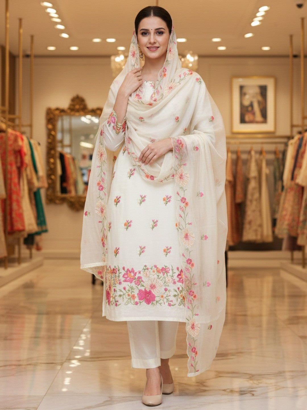 Charming Cream Floral Thread Embroidered With Sequins Work Roman Art Silk Dress Material - Image 1
