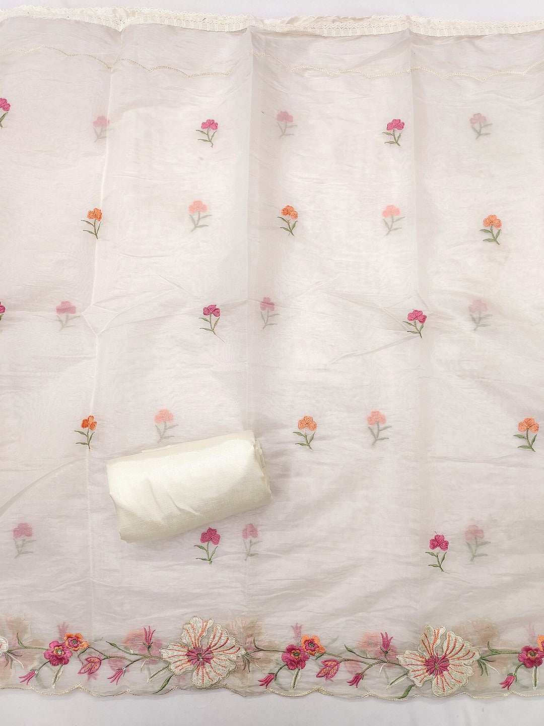 Charming Cream Floral Thread Embroidered With Sequins Work Roman Art Silk Dress Material - Image 2