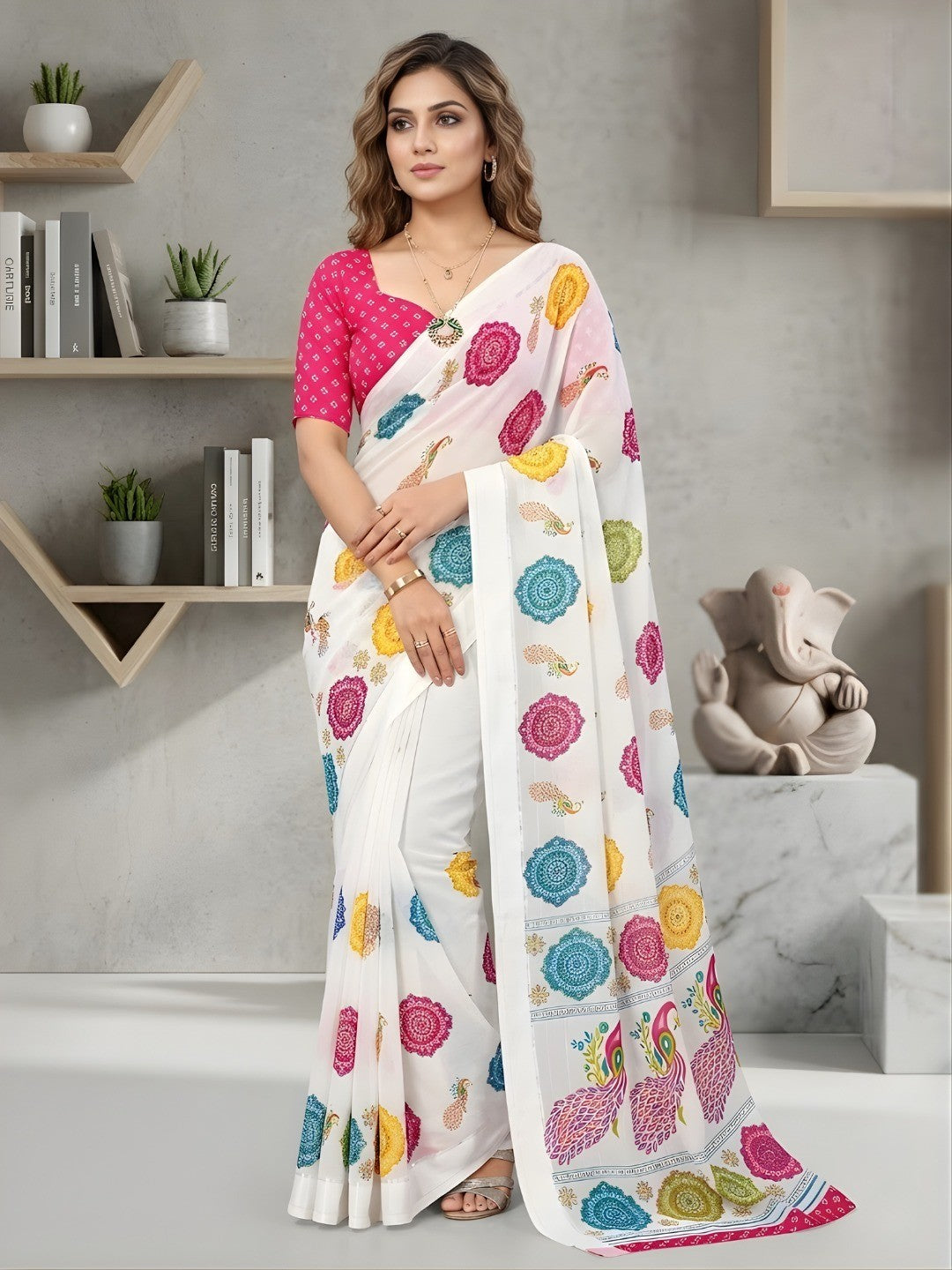 Ethnic Multicolor Georgette Saree with Artistic Bandhani Print Design - Image 1