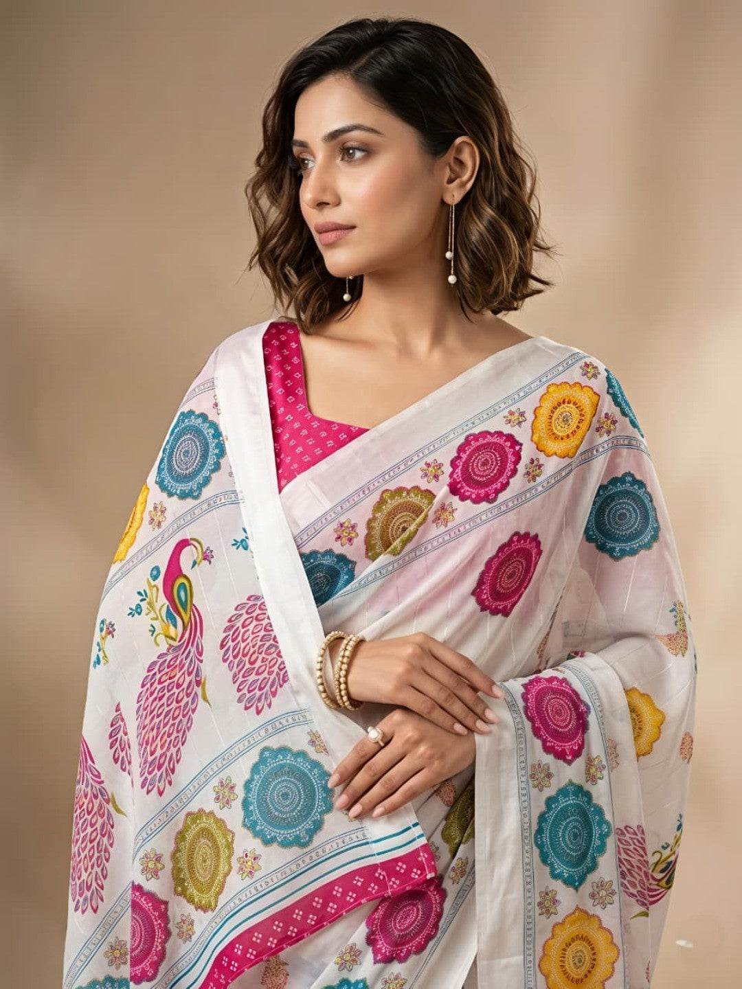 Ethnic Multicolor Georgette Saree with Artistic Bandhani Print Design - Image 2