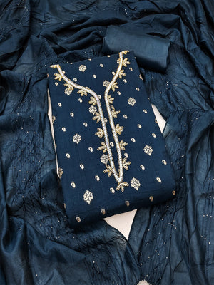 Morpich Blue Floral Woven Banarasi Silk Dress Material Adorned With Sequins Hand Embellishment - Image 2