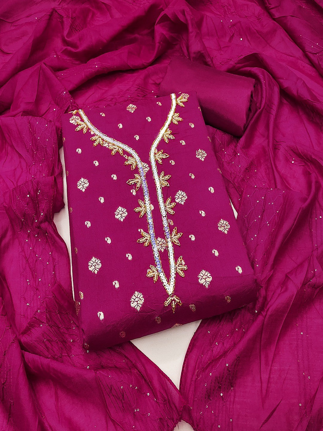 Rani Pink Floral Woven Banarasi Silk Dress Material Adorned With Sequins Hand Embellishment - Image 5