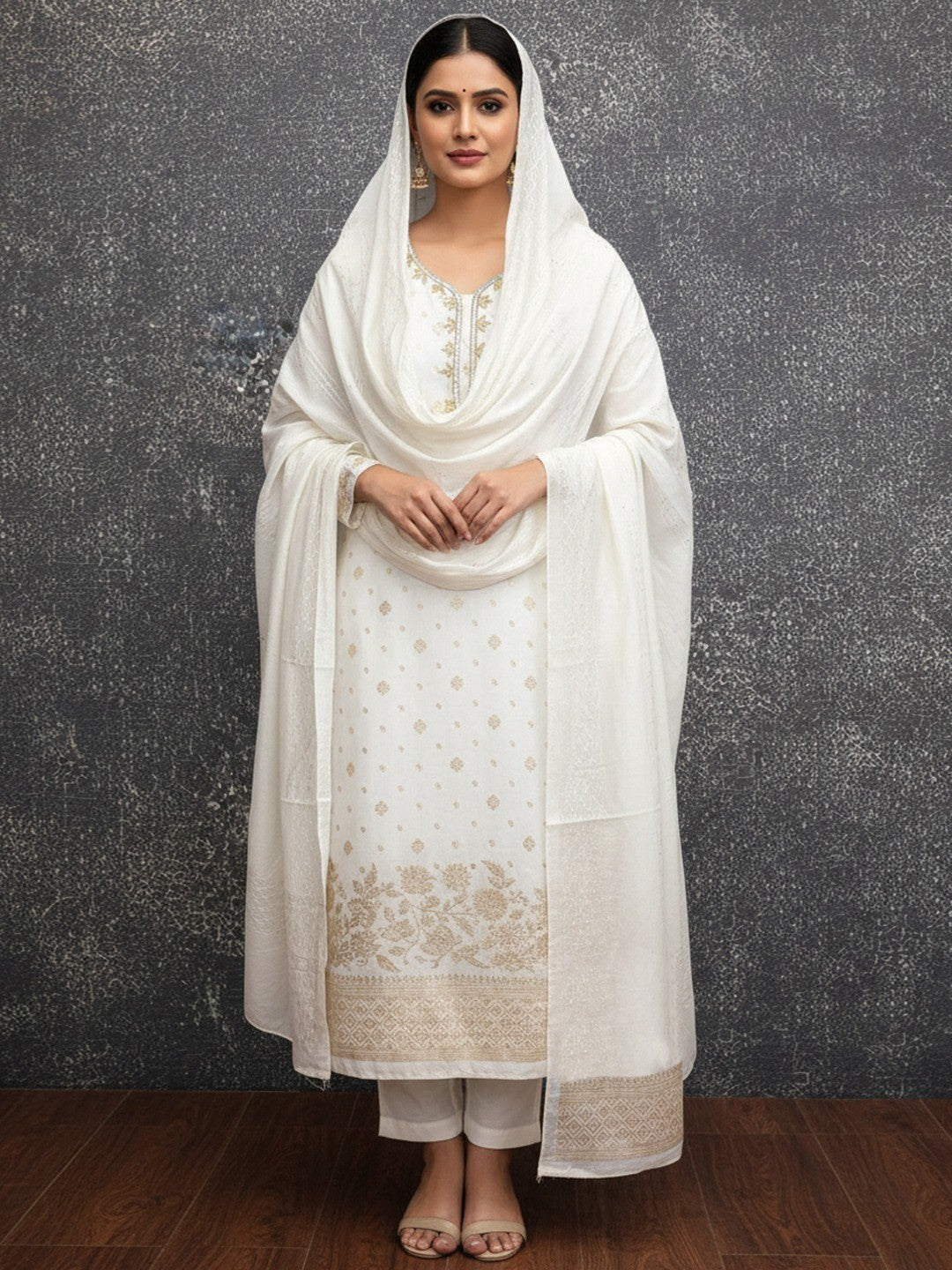 Offwhite Floral Woven Banarasi Silk Dress Material Adorned With Sequins Hand Embellishment - Image 1