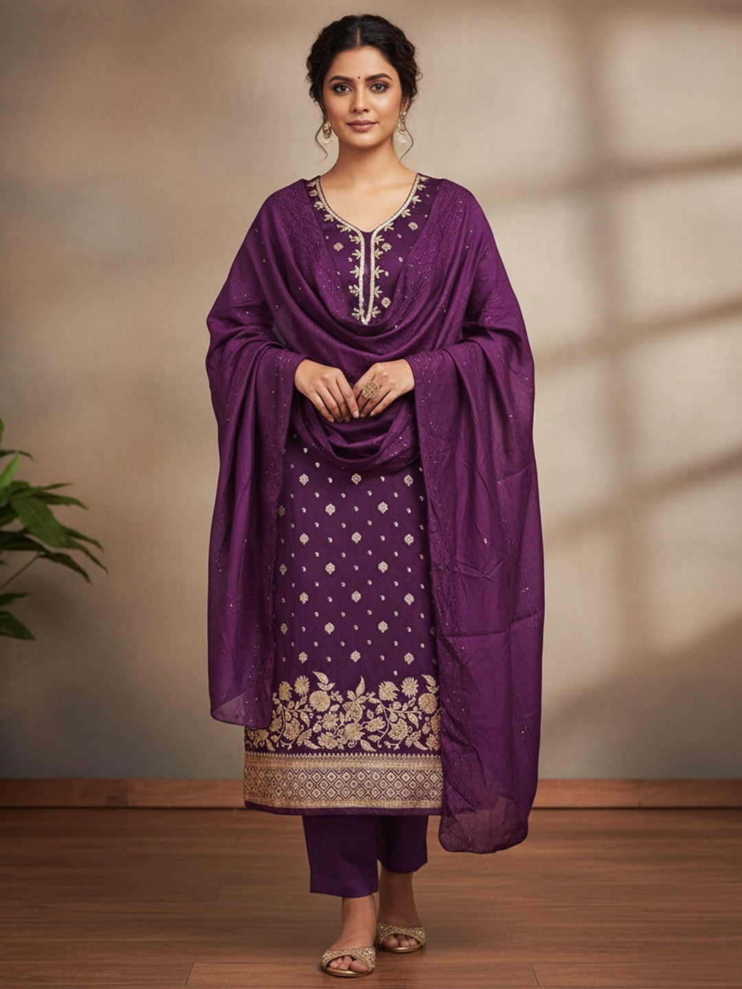 Purple Floral Woven Banarasi Silk Dress Material Adorned With Sequins Hand Embellishment - Image 1