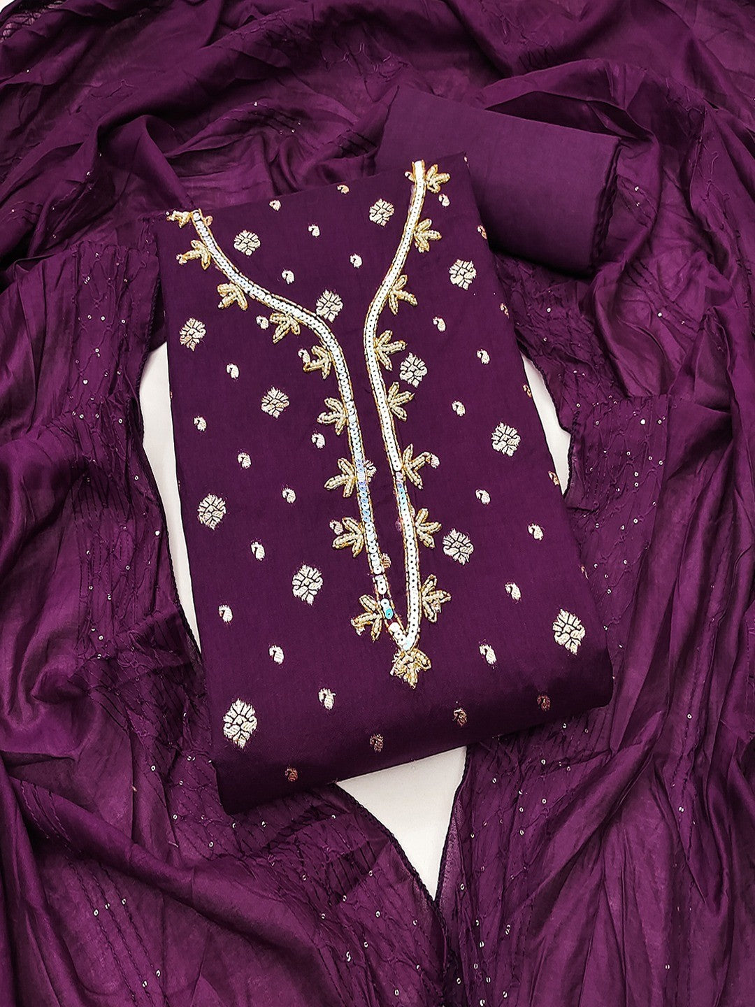 Purple Floral Woven Banarasi Silk Dress Material Adorned With Sequins Hand Embellishment - Image 5
