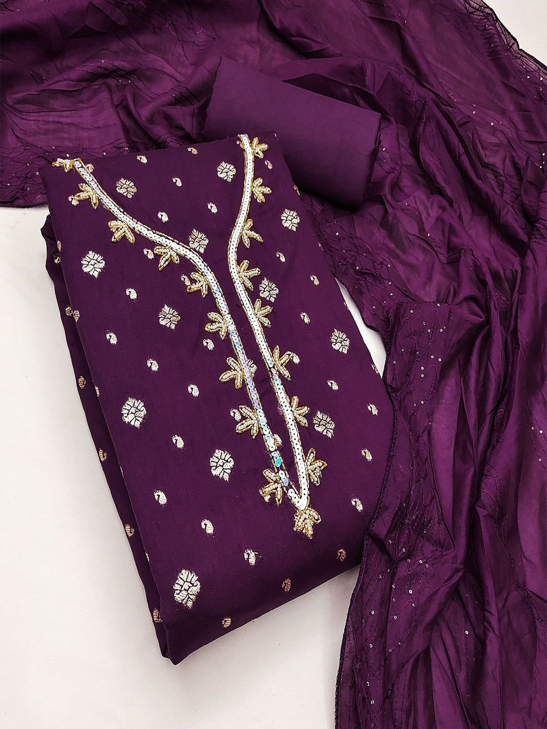 Purple Floral Woven Banarasi Silk Dress Material Adorned With Sequins Hand Embellishment - Image 2