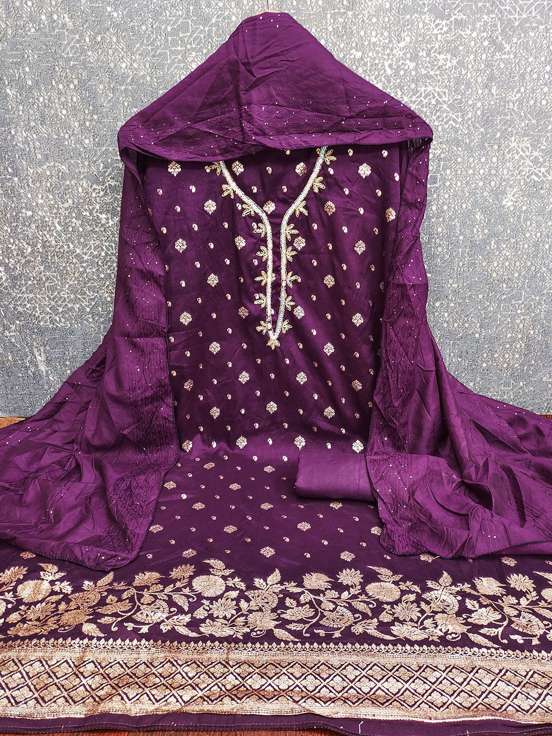 Purple Floral Woven Banarasi Silk Dress Material Adorned With Sequins Hand Embellishment - Image 4