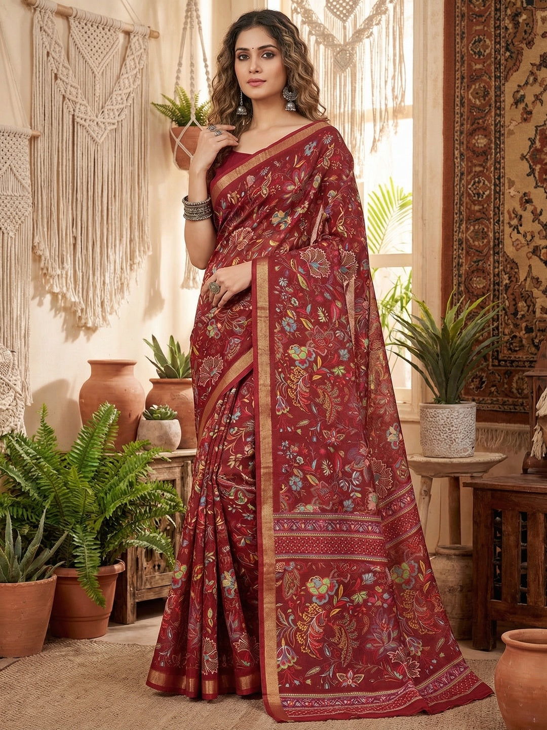 Ethnic Maroon Chanderi Silk Saree with Detailed Floral Pattern - Image 1
