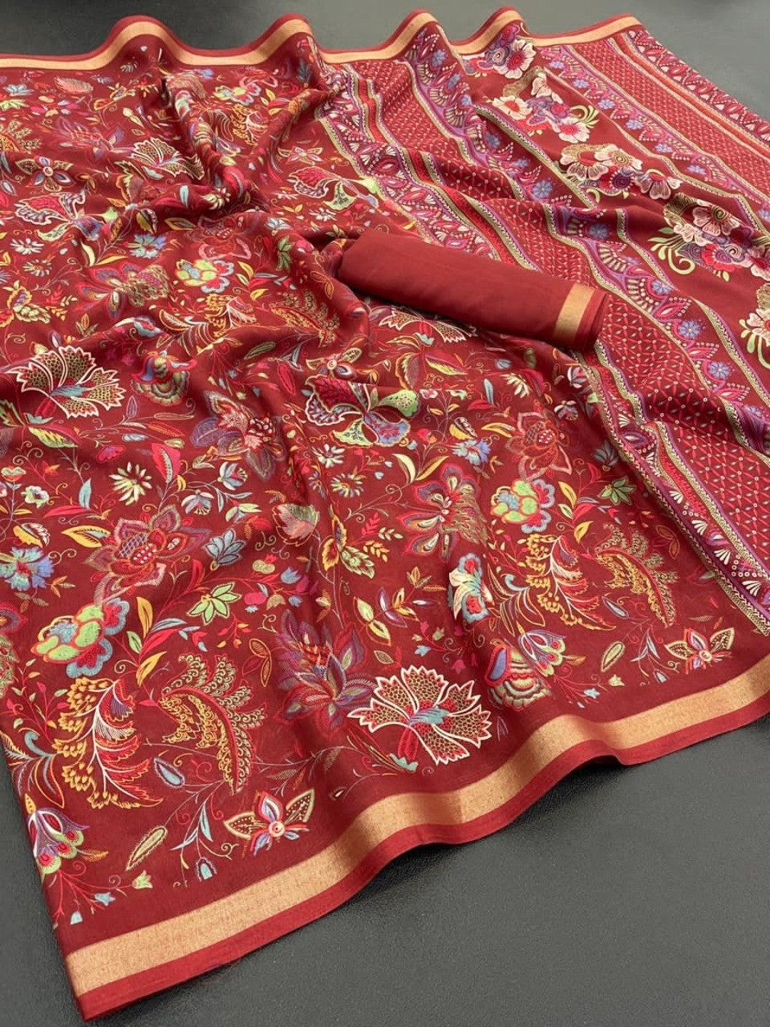 Ethnic Maroon Chanderi Silk Saree with Detailed Floral Pattern - Image 2