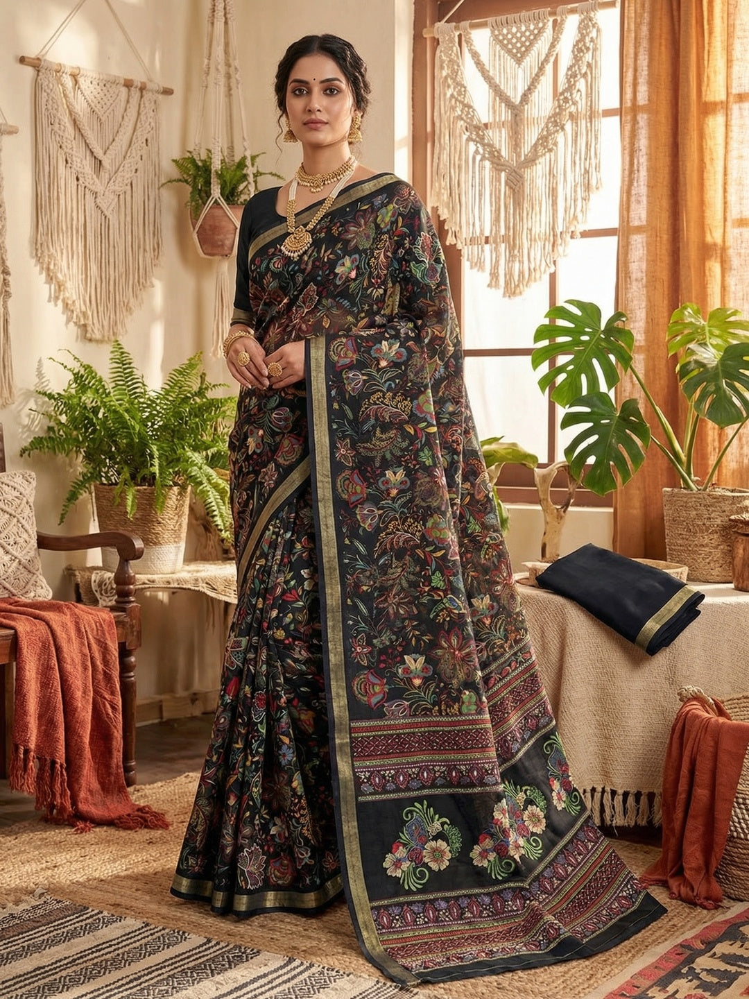 Ethnic Black Chanderi Silk Saree with Detailed Floral Pattern - Image 1