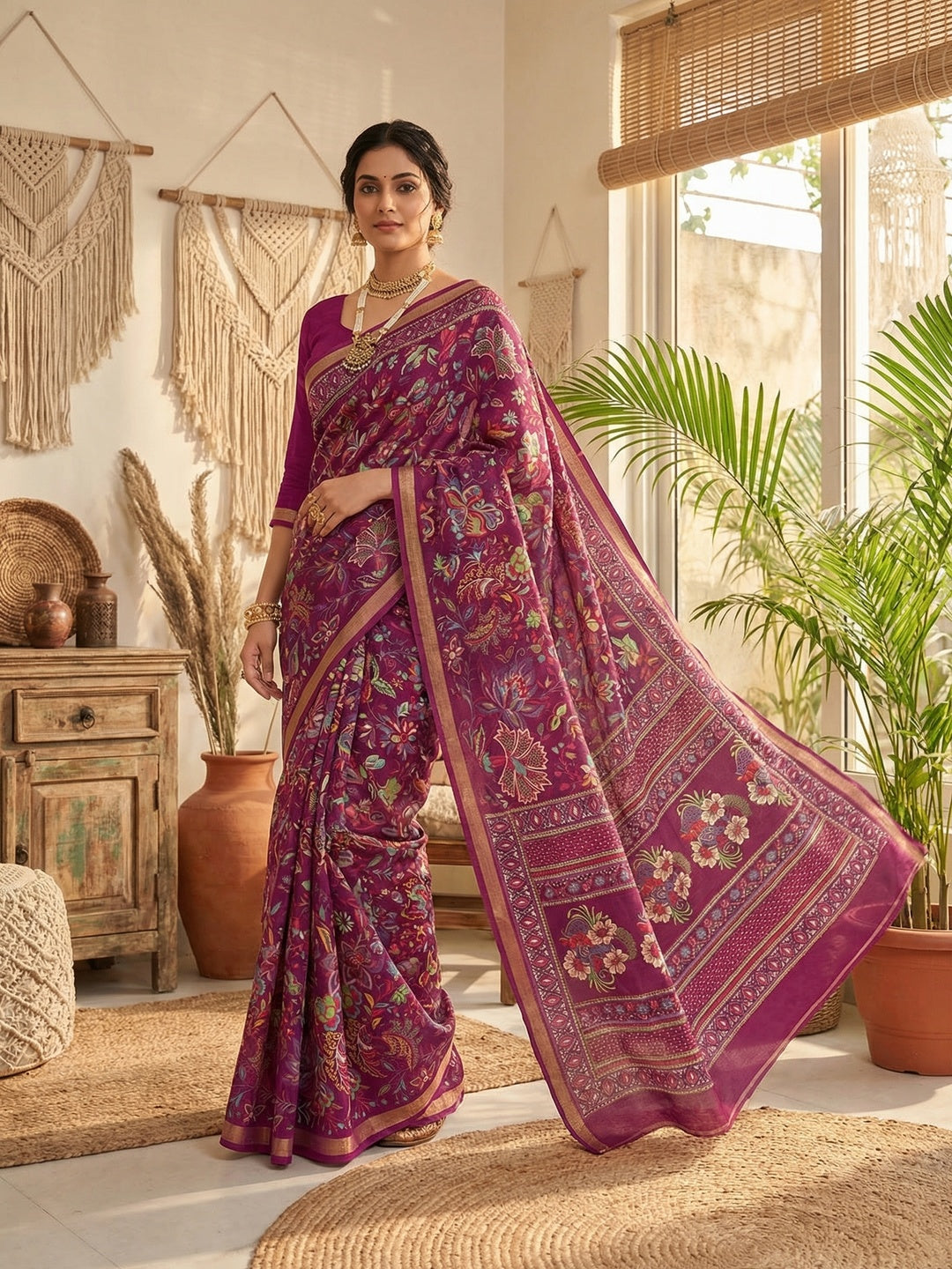 Ethnic Magenta Chanderi Silk Saree with Detailed Floral Pattern - Image 1