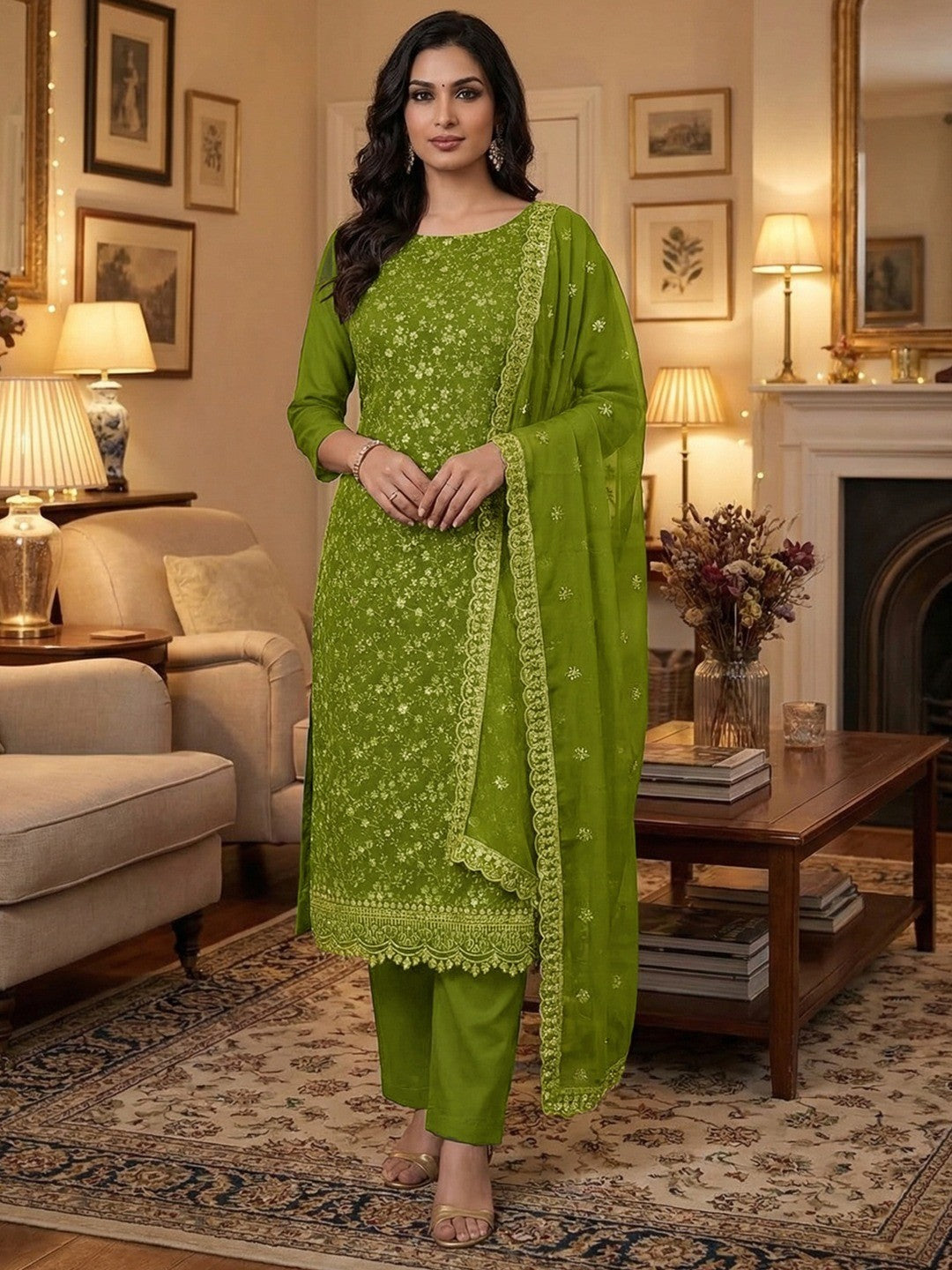 Elegant Mehendi Green Floral Thread & Zari Embroidery With Sequins Crunchy Shimmer Dress Material - Image 1