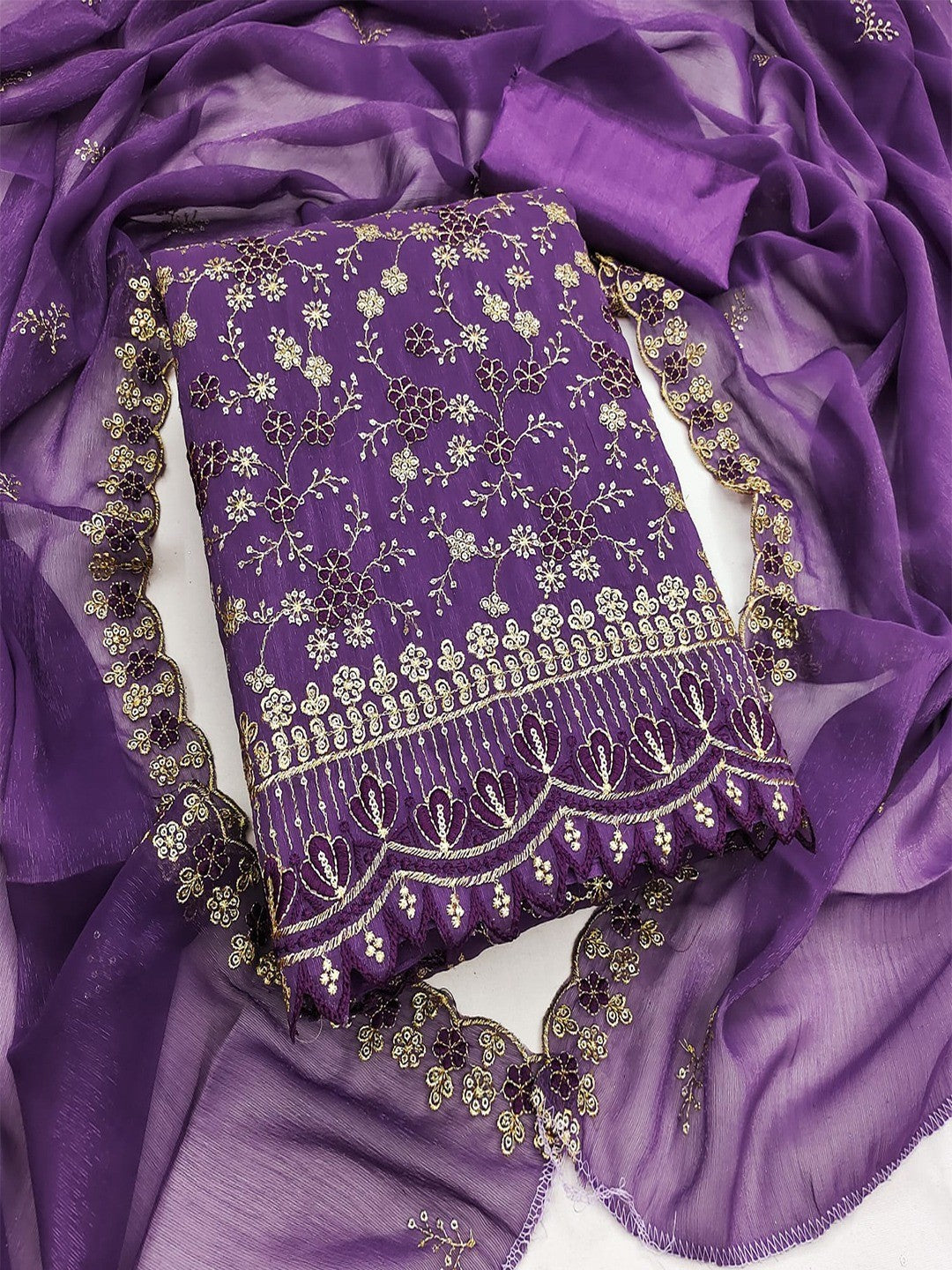 Elegant Purple Floral Thread & Zari Embroidery With Sequins Crunchy Shimmer Dress Material - Image 5