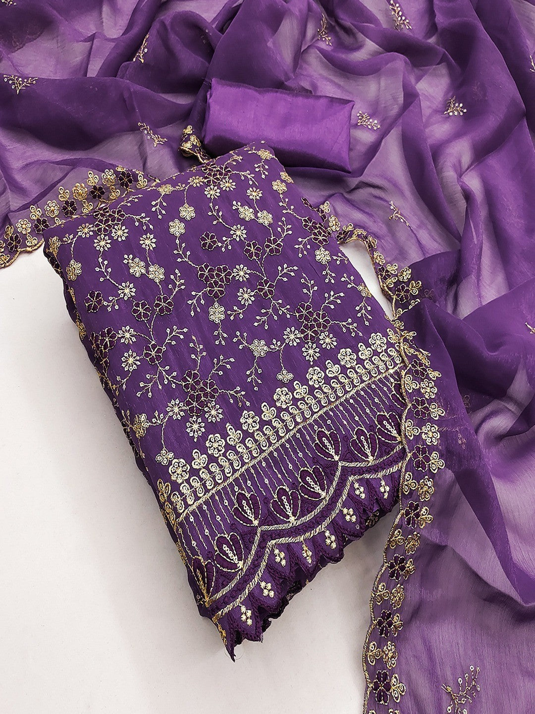 Elegant Purple Floral Thread & Zari Embroidery With Sequins Crunchy Shimmer Dress Material - Image 4