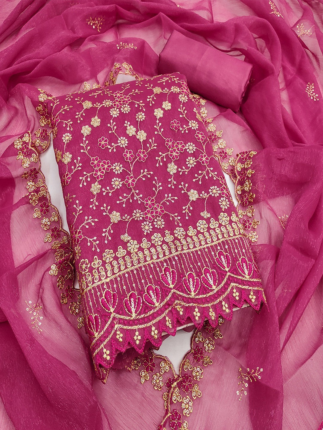 Elegant Rani Pink Floral Thread & Zari Embroidery With Sequins Crunchy Shimmer Dress Material - Image 3