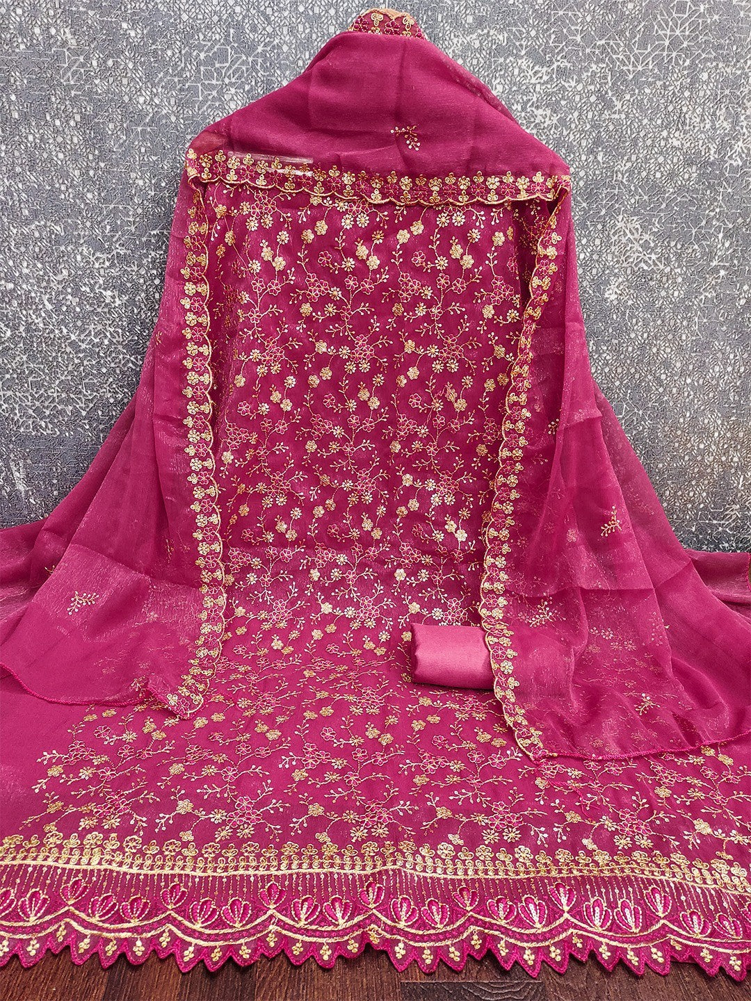 Elegant Rani Pink Floral Thread & Zari Embroidery With Sequins Crunchy Shimmer Dress Material - Image 5