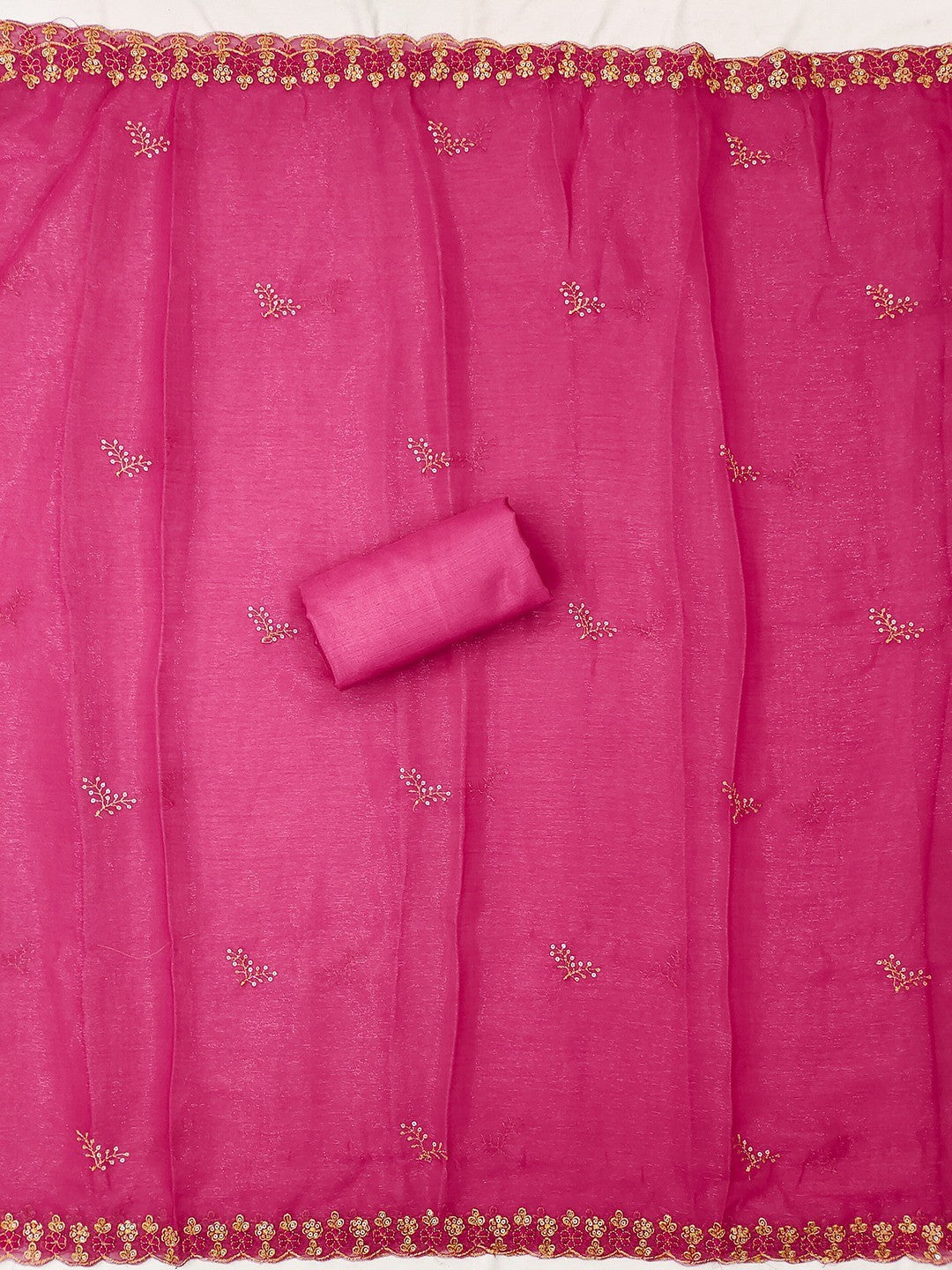 Elegant Rani Pink Floral Thread & Zari Embroidery With Sequins Crunchy Shimmer Dress Material - Image 2