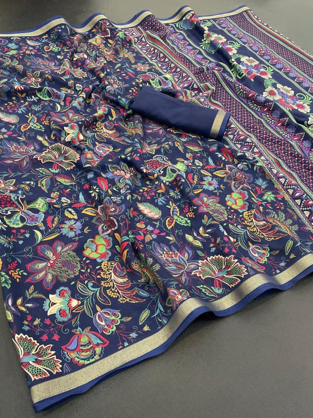 Ethnic Blue Chanderi Silk Saree with Detailed Floral Pattern - Image 2