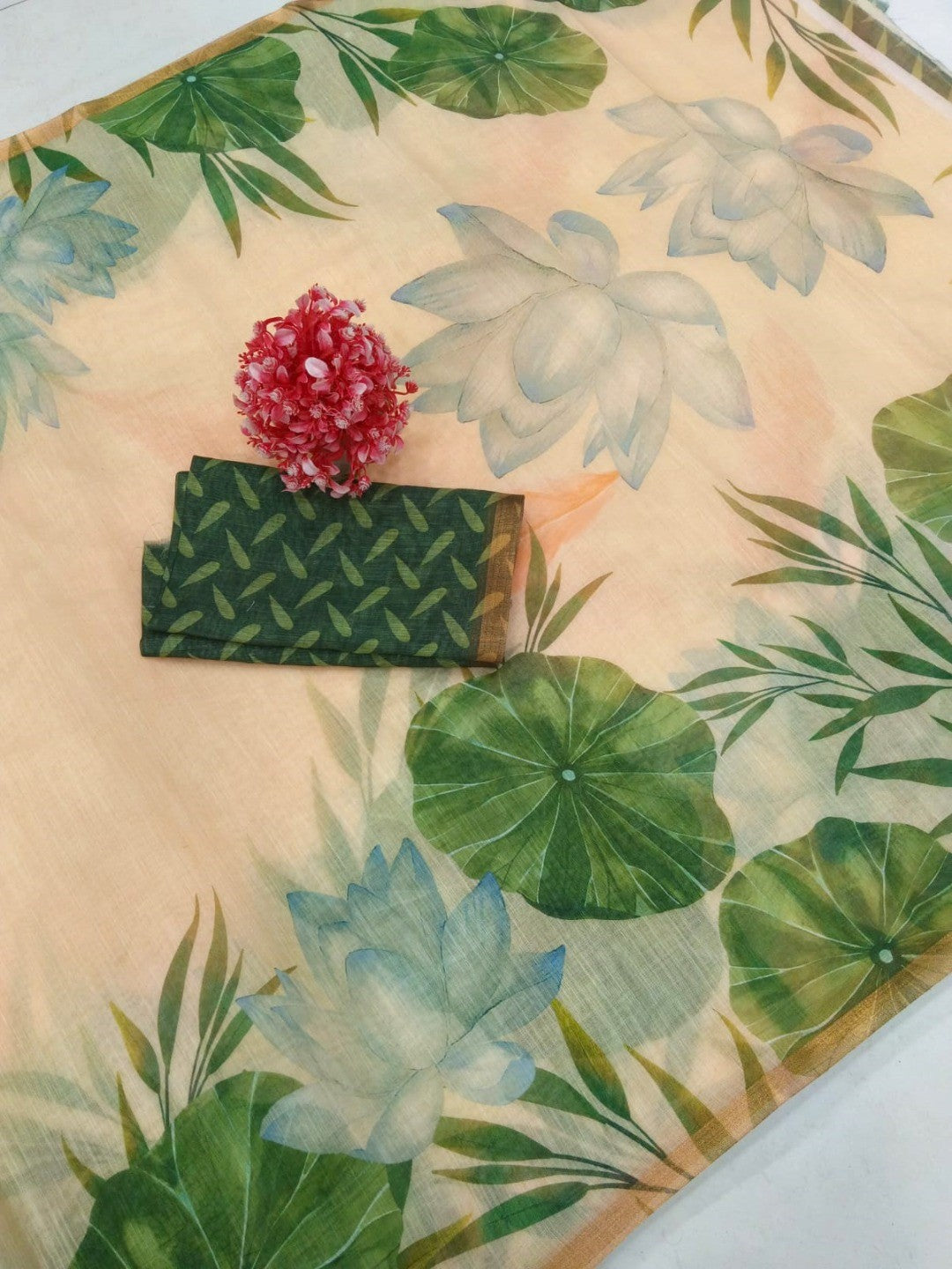 Elegant Beige Linen Saree with Lotus Print and Zari Border - Image 2