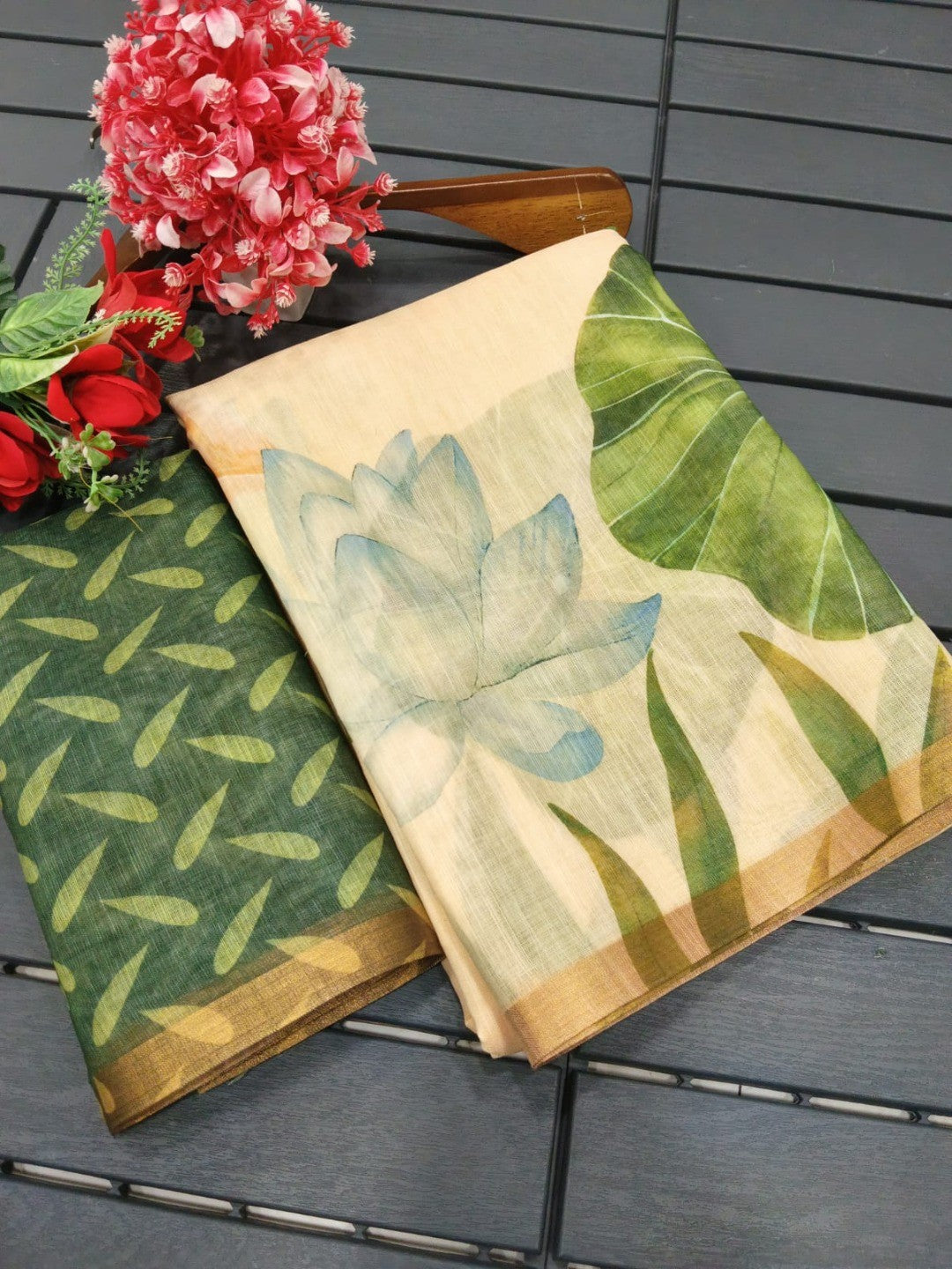 Elegant Beige Linen Saree with Lotus Print and Zari Border - Image 3