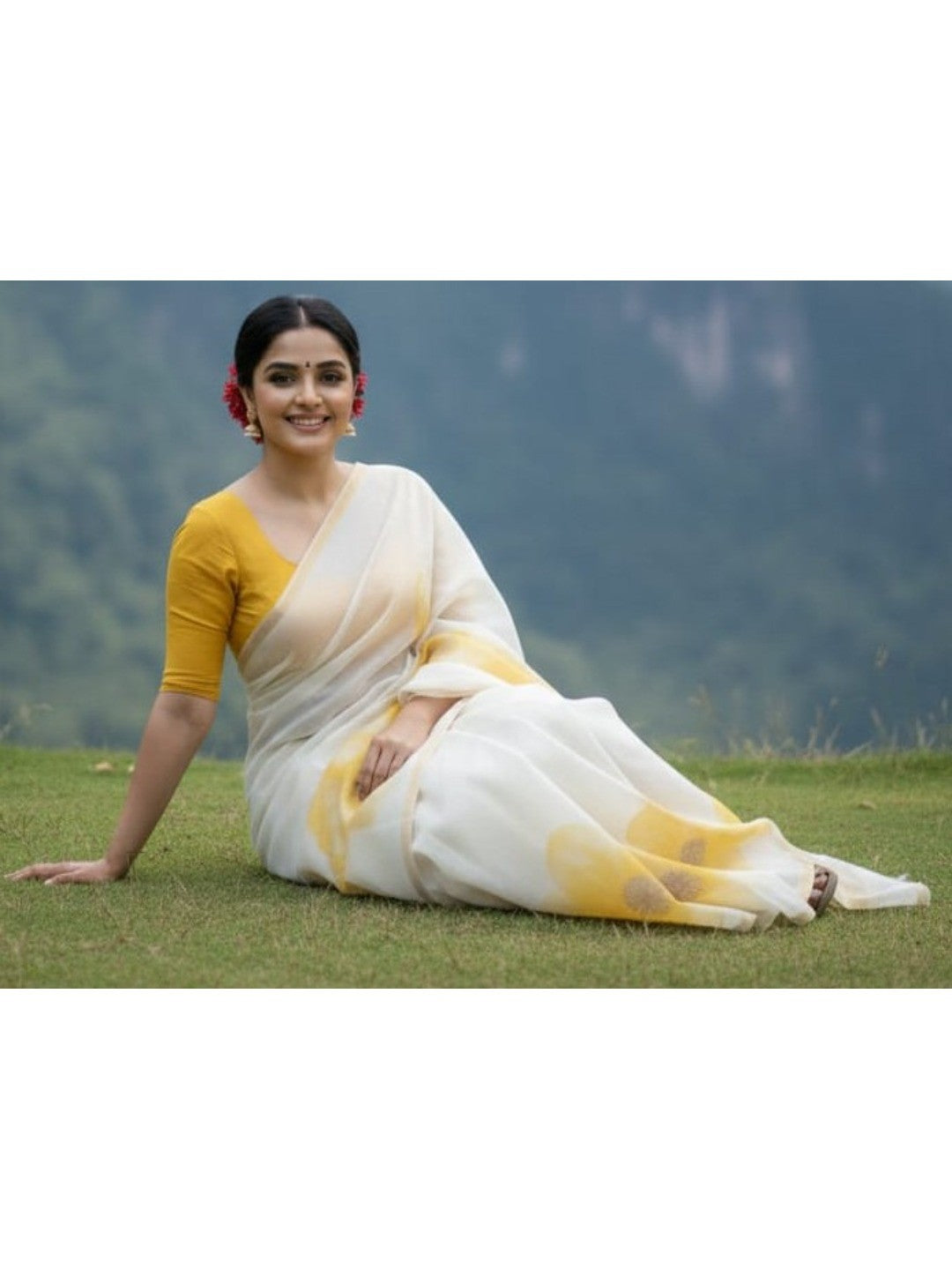 Cream Linen Saree with Yellow Floral Print and Zari Border - Image 3