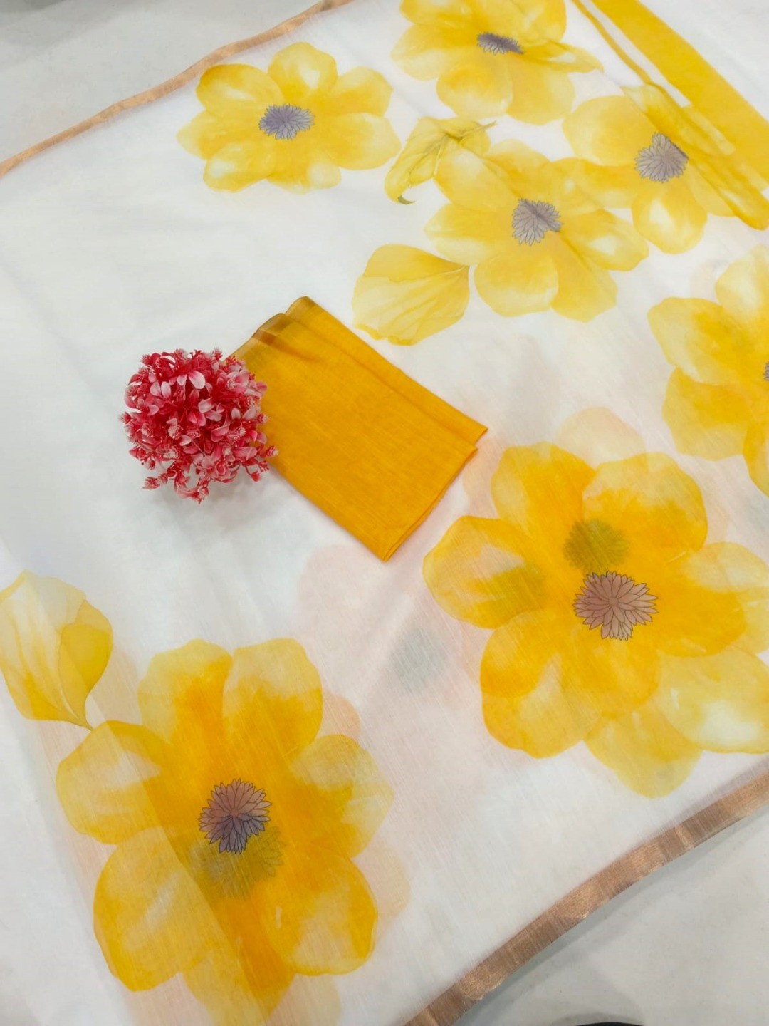 Cream Linen Saree with Yellow Floral Print and Zari Border - Image 2