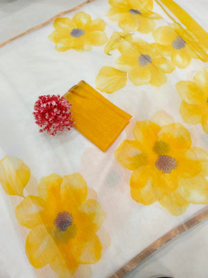 Cream Linen Saree with Yellow Floral Print and Zari Border - Image 2