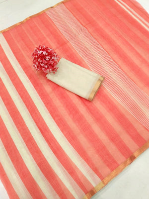 Lightweight Peach Linen Saree with Stylish Striped Motif Design - Image 2