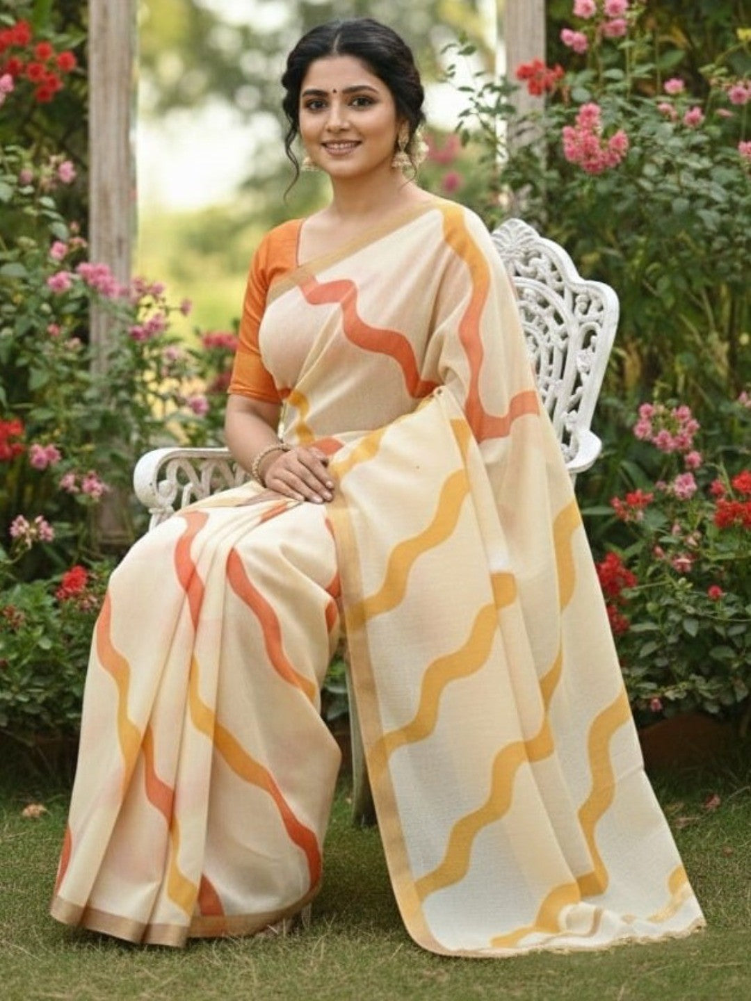 Festive Wear Chikoo Linen Saree with Stylish Zari Woven Border - Image 4