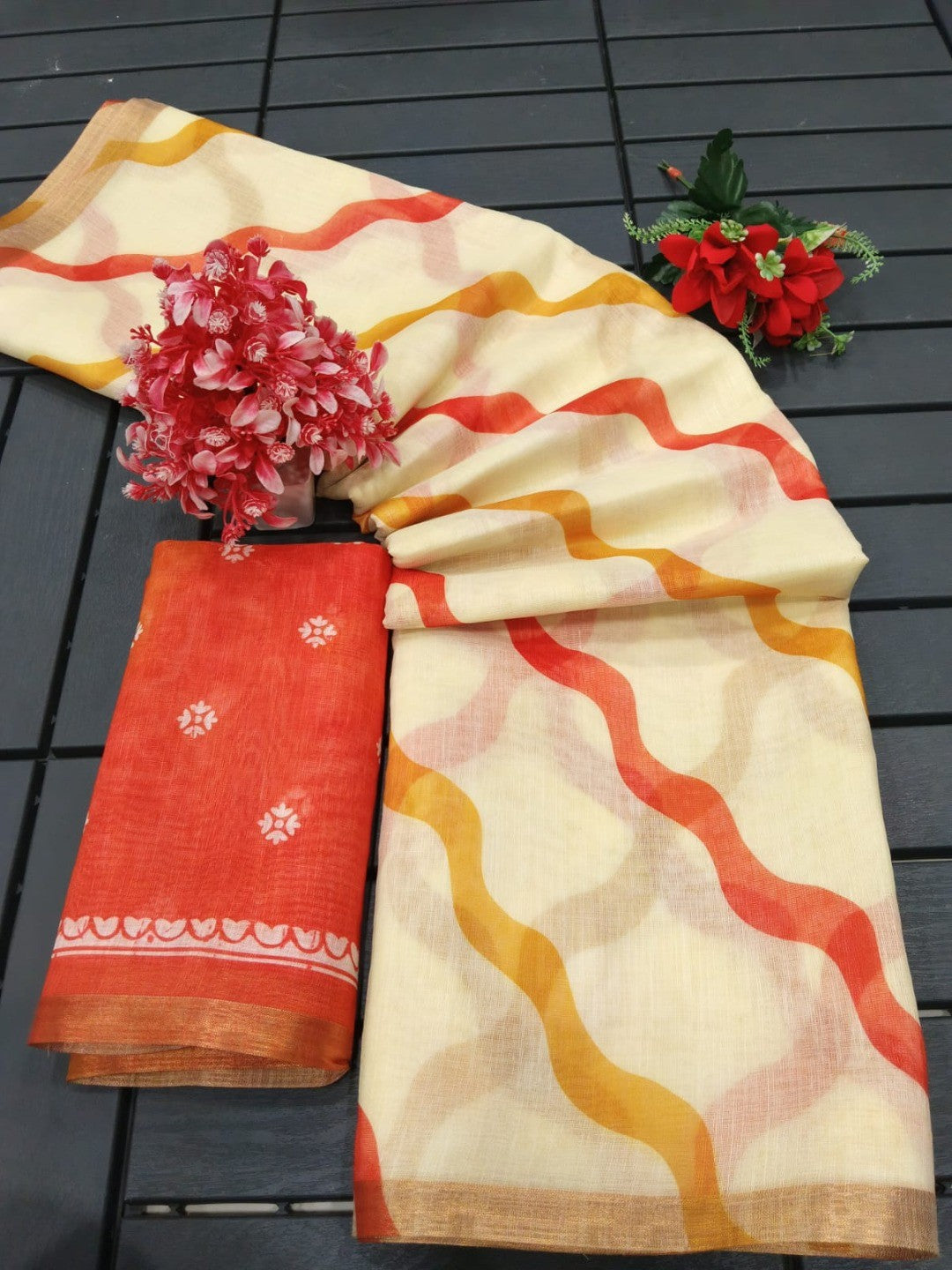 Festive Wear Chikoo Linen Saree with Stylish Zari Woven Border - Image 2