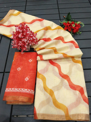 Festive Wear Chikoo Linen Saree with Stylish Zari Woven Border - Image 2