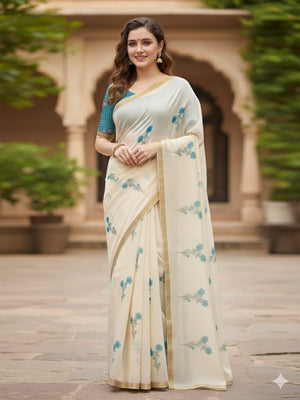 Premium Cream Floral Print Linen Saree With Elegant Zari Woven Border - Image 1