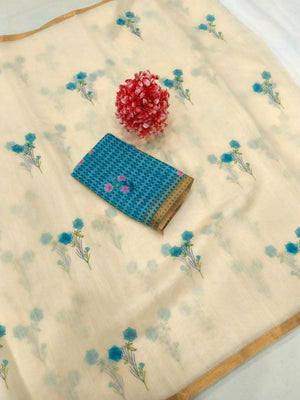 Premium Cream Floral Print Linen Saree With Elegant Zari Woven Border - Image 2