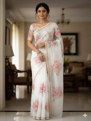 Stunning White Linen Saree With Delicate Floral Print & Zari Border - Image 1