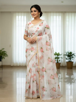 Elegant Cream Linen Saree With Delicate Floral Print & Zari Border - Image 1