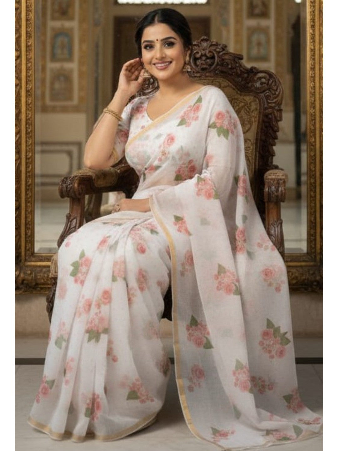 Elegant Cream Linen Saree With Delicate Floral Print & Zari Border - Image 5