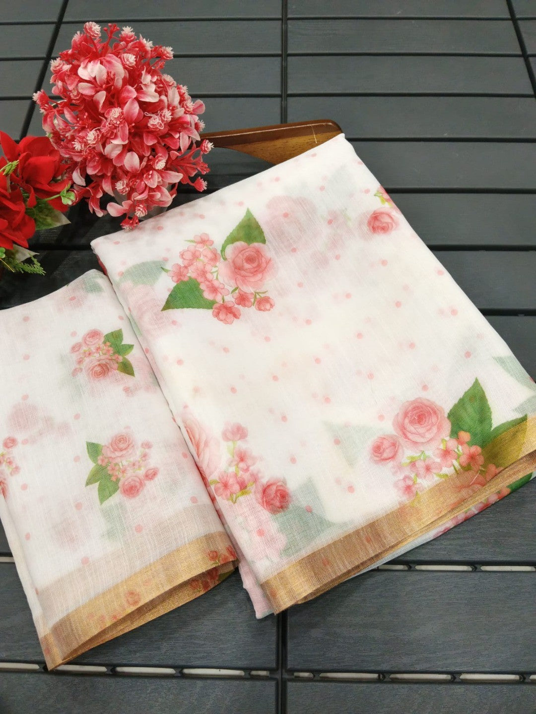Elegant Cream Linen Saree With Delicate Floral Print & Zari Border - Image 3