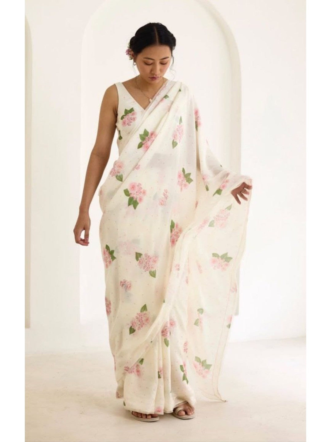 Elegant Cream Linen Saree With Delicate Floral Print & Zari Border - Image 6