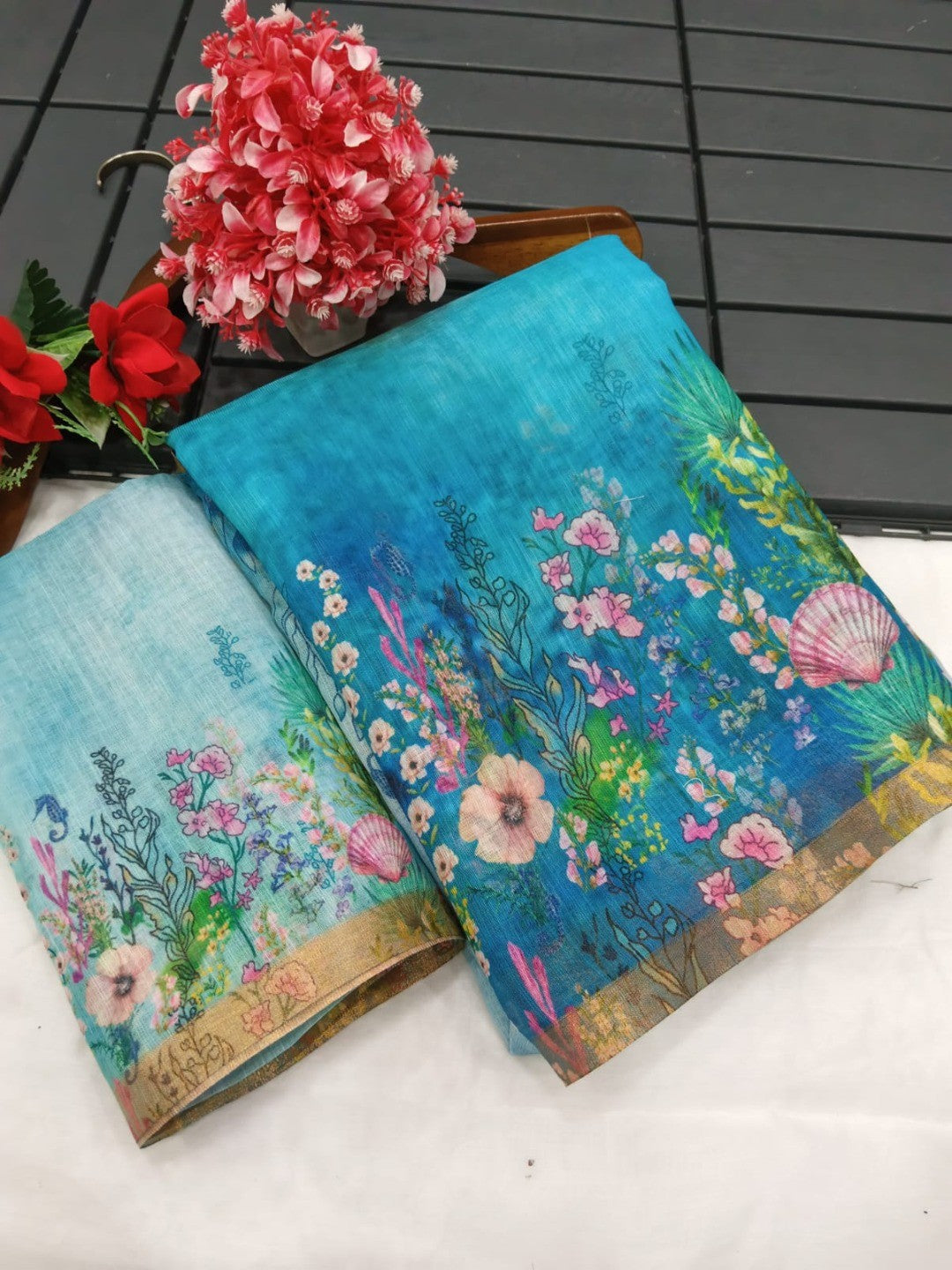 Elegant Blue Linen Cotton Saree with Floral Print and Zari Border - Image 3