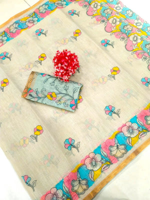 Ethnic Beige Linen Saree with Graceful Floral Printed Motif Work - Image 2