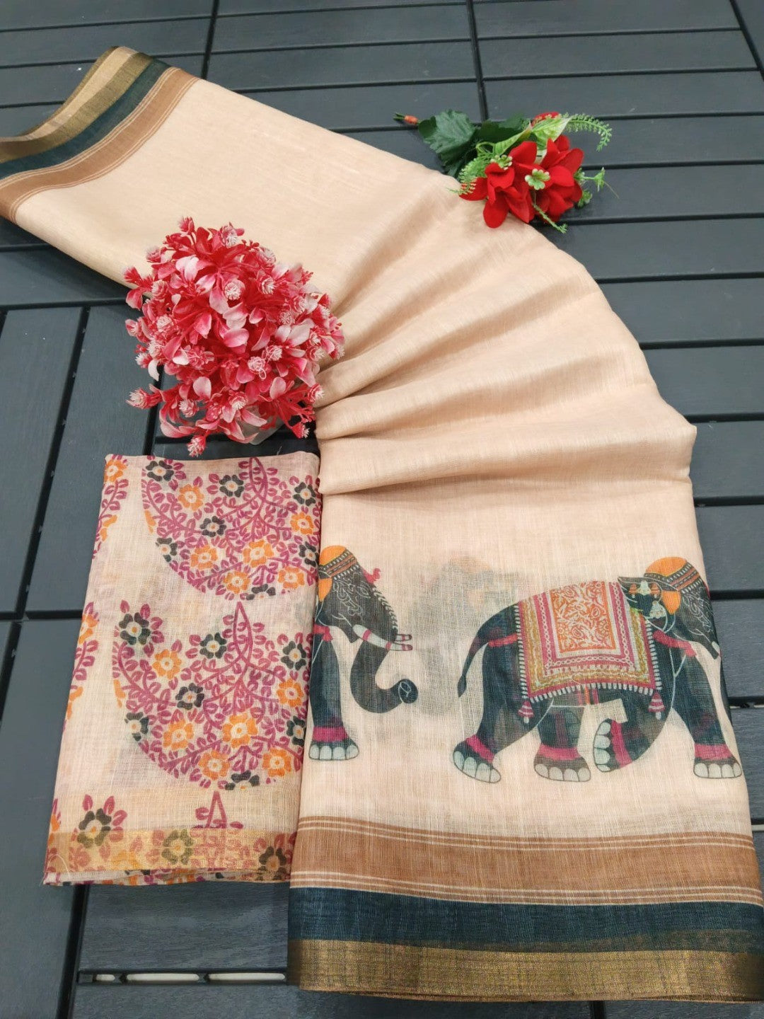 Elegant Beige Linen Saree with Elephant Print Border - Image 3