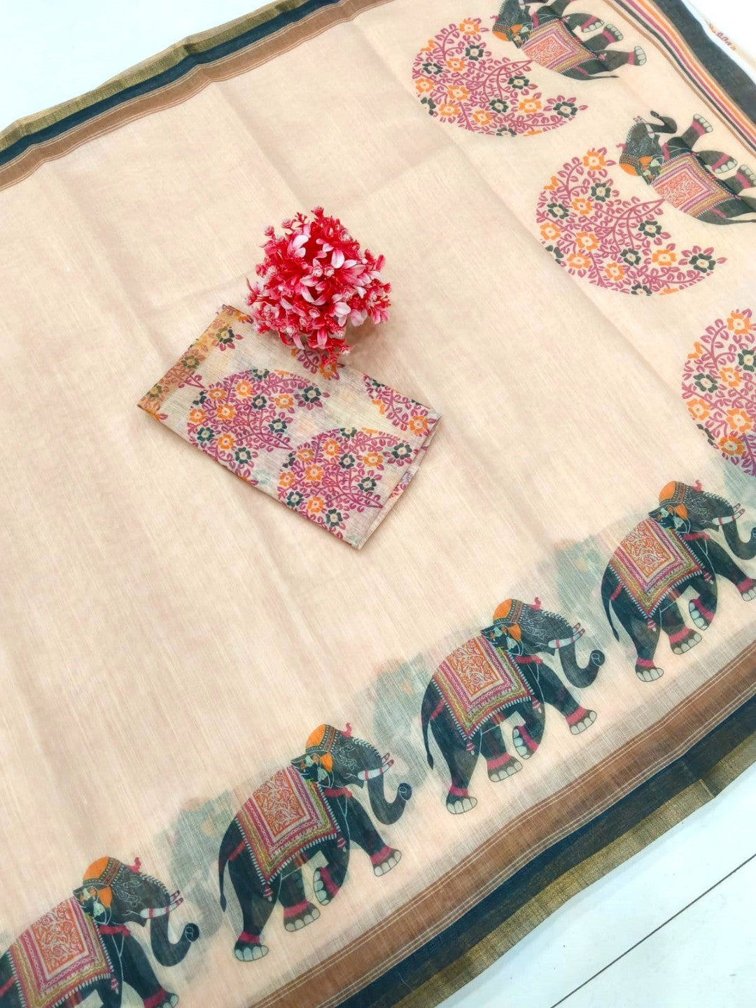 Elegant Beige Linen Saree with Elephant Print Border - Image 2