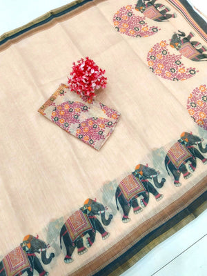 Elegant Beige Linen Saree with Elephant Print Border - Image 2