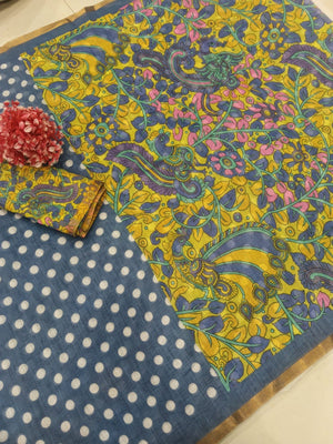 Elegant Blue Linen Saree with Polka Dot Print and Kalamkari Border - Image 2