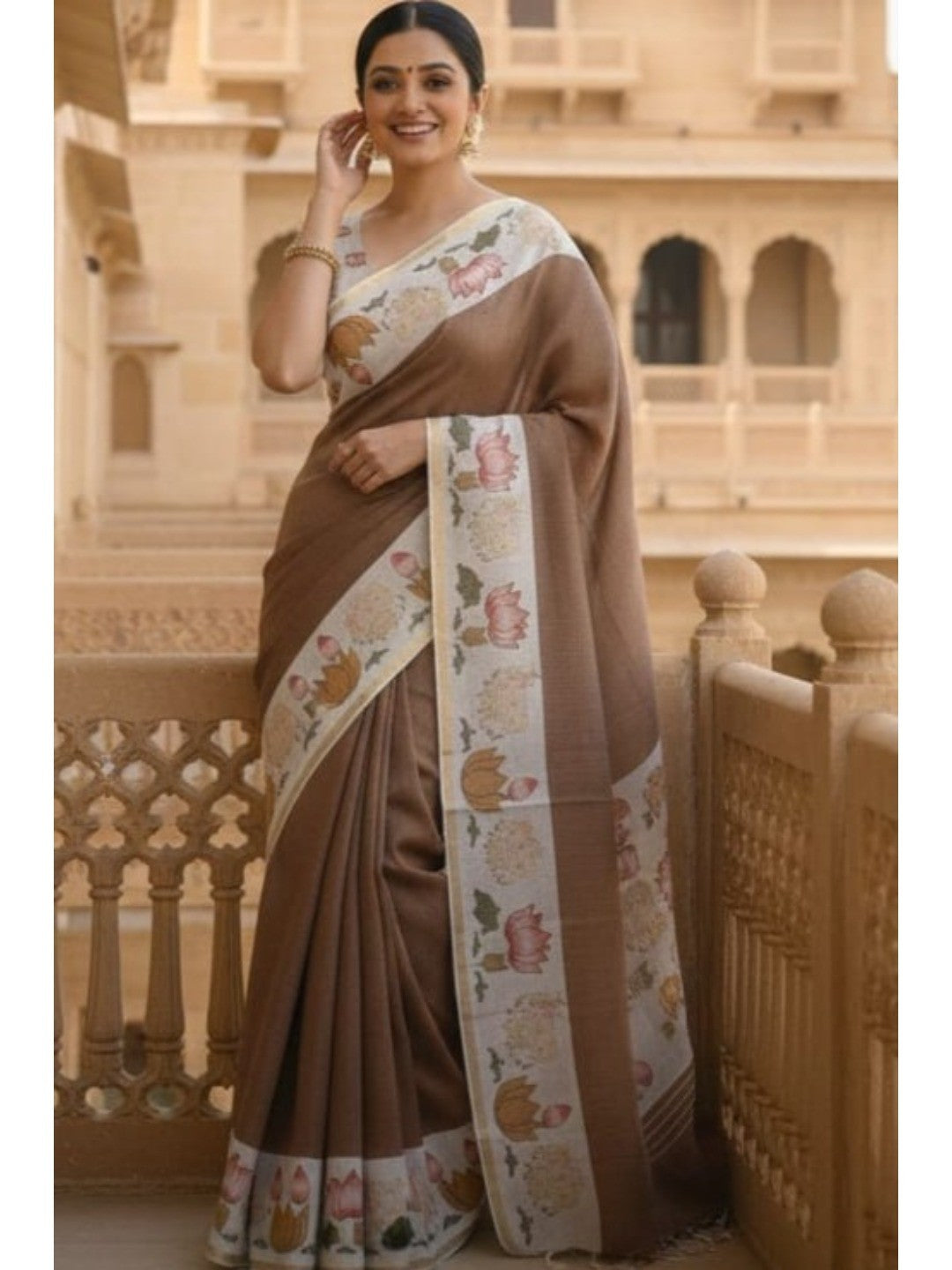 Elegant Chikoo Linen Saree with Lotus Border Print - Image 1