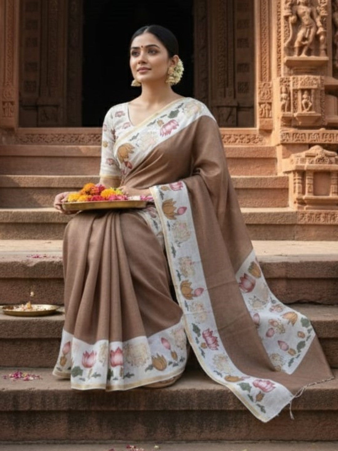 Elegant Chikoo Linen Saree with Lotus Border Print - Image 4