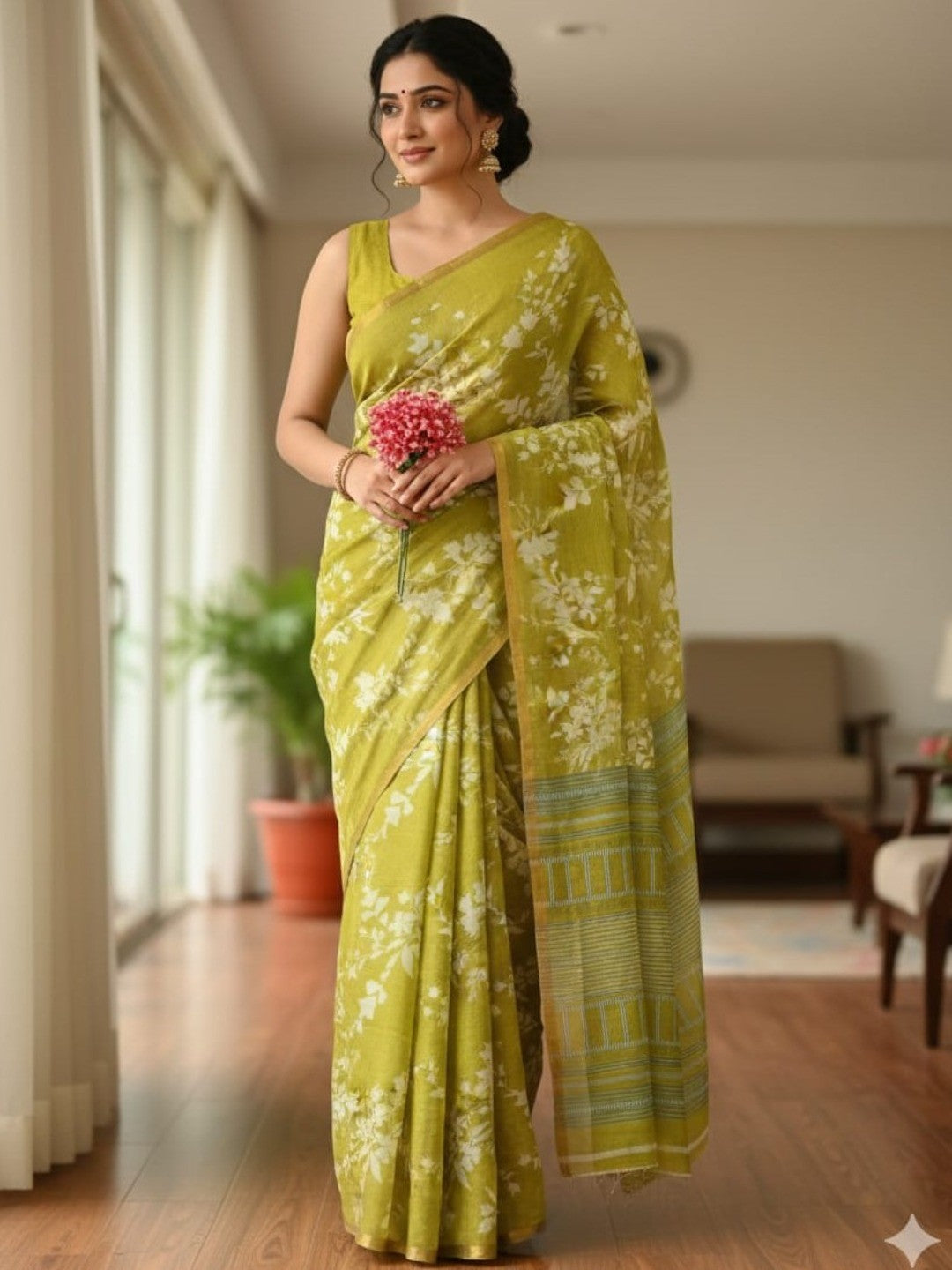 Lime Green Linen Saree with Floral Print Elegant Ethnic Wear - Image 1