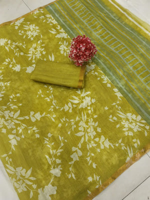 Lime Green Linen Saree with Floral Print Elegant Ethnic Wear - Image 2