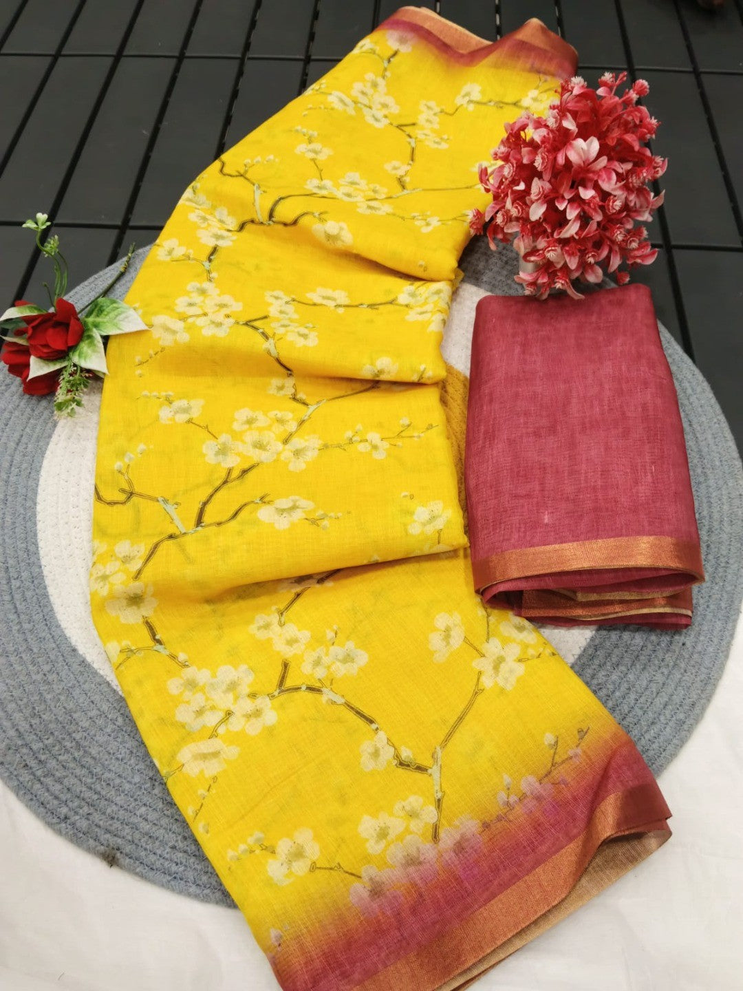 Elegant Yellow Floral Printed Linen Saree with Red Border - Image 3